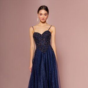 NEW LONG OFF THE SHOULDER SLEEVELESS A-LINE MESH DRESS WITH ZIPPER BACK GL2694